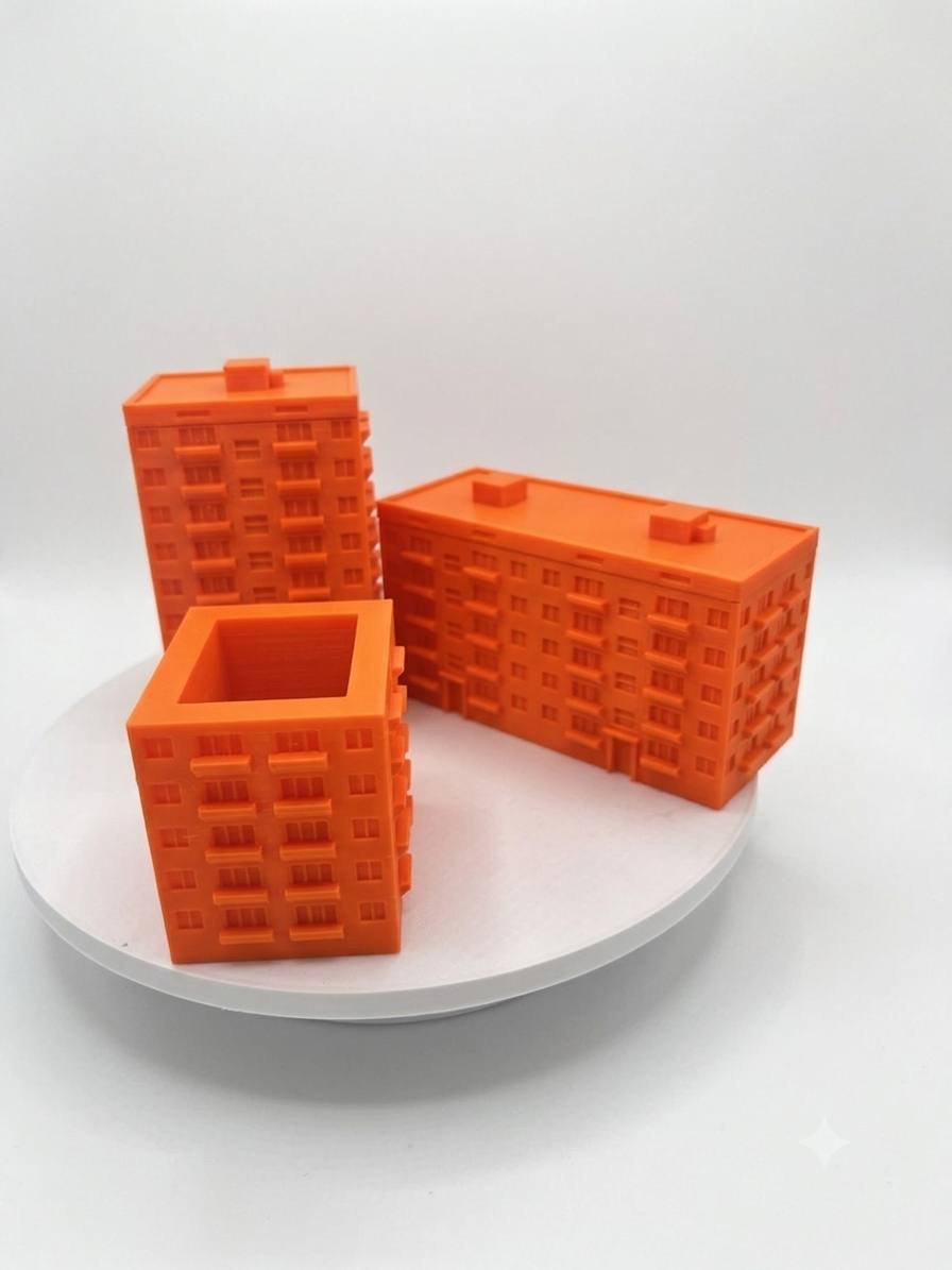 Three orange-colored cubes arranged on a white circular plate. The cubes appear to be made of plastic and have a grid-like