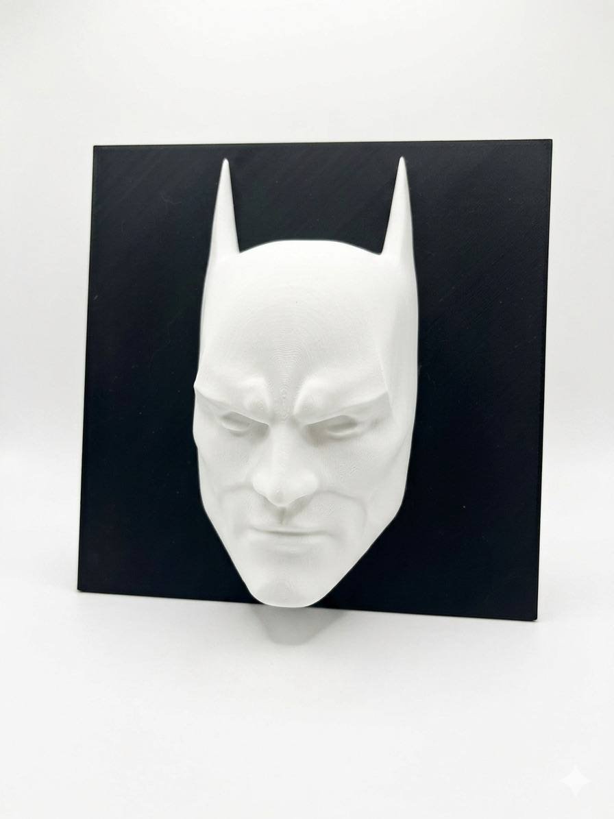 Black square with a white mask of Batman's face in the center. The mask is made of a smooth, glossy material and has two