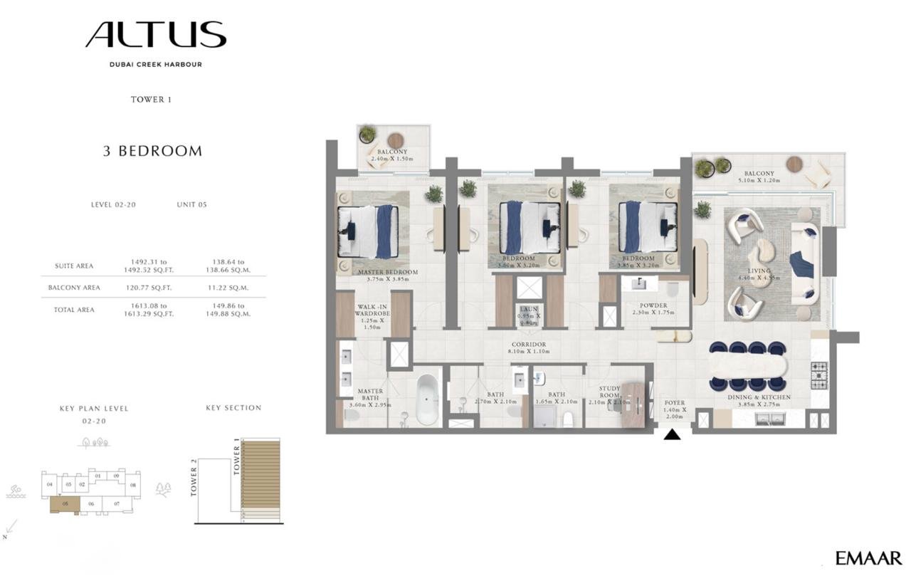 ALTUS Dubai Creek Harbour Tower 1: 3 спальни + study, угловая, высокий этаж (скидка -580 000 AED) — — — Дубай, ОАЭ