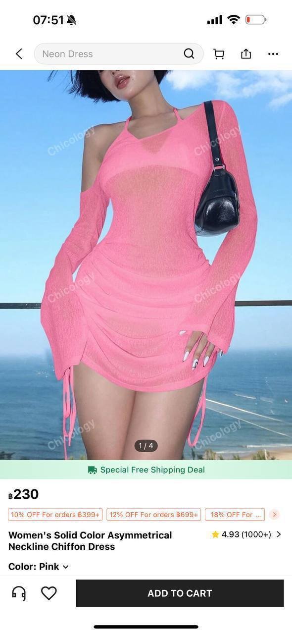 Screenshot of an Instagram post about a neon dress. The dress is a bright pink color with long sleeves and a high neckline.