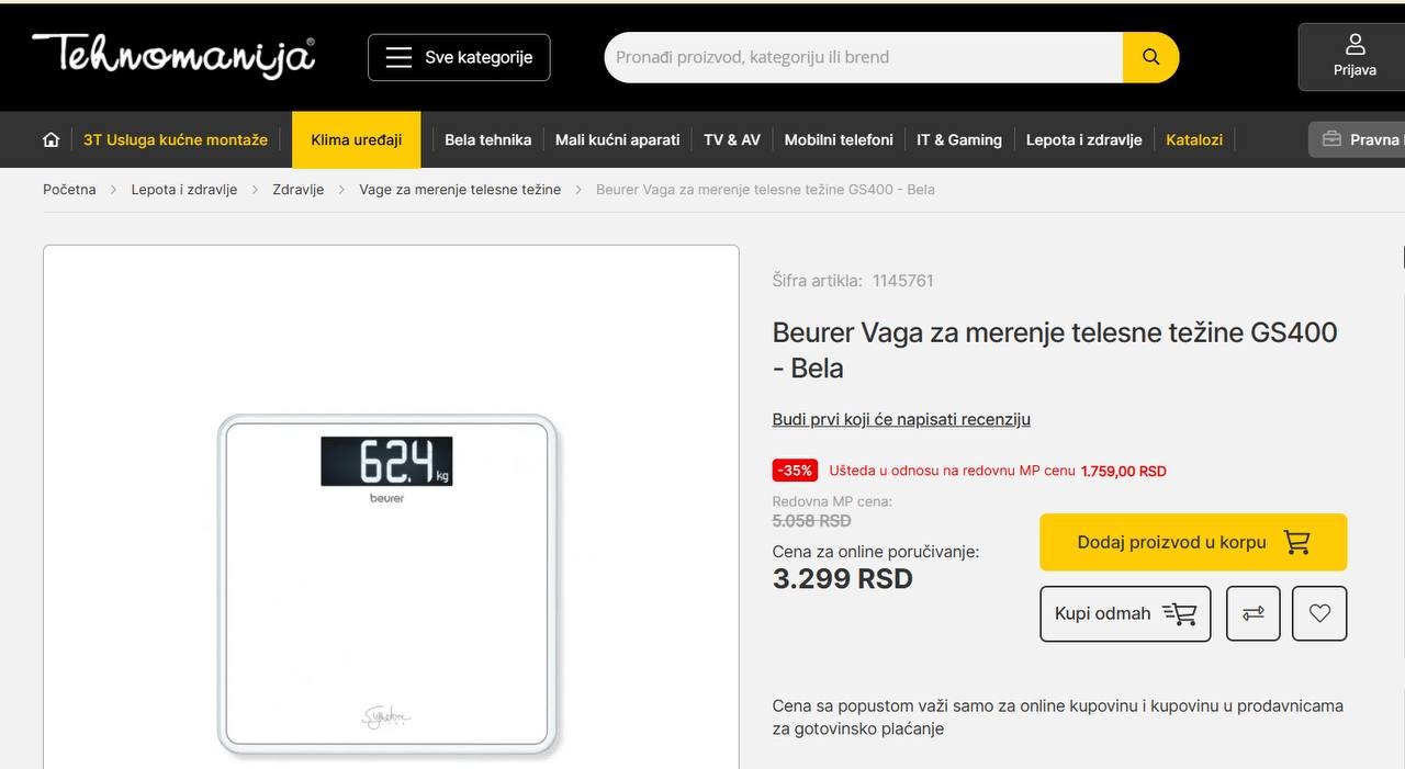 Beurer GS400 floor scale 1500 RSD — Belgrade, Serbia