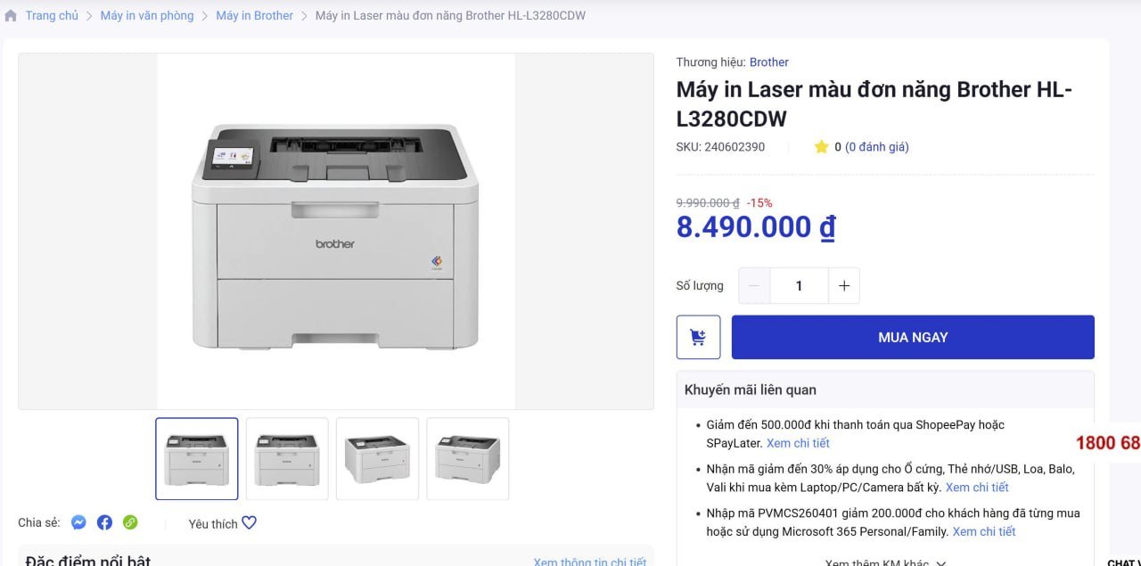 Brother HL-L3280CDW color laser printer — Da Nang, Vietnam