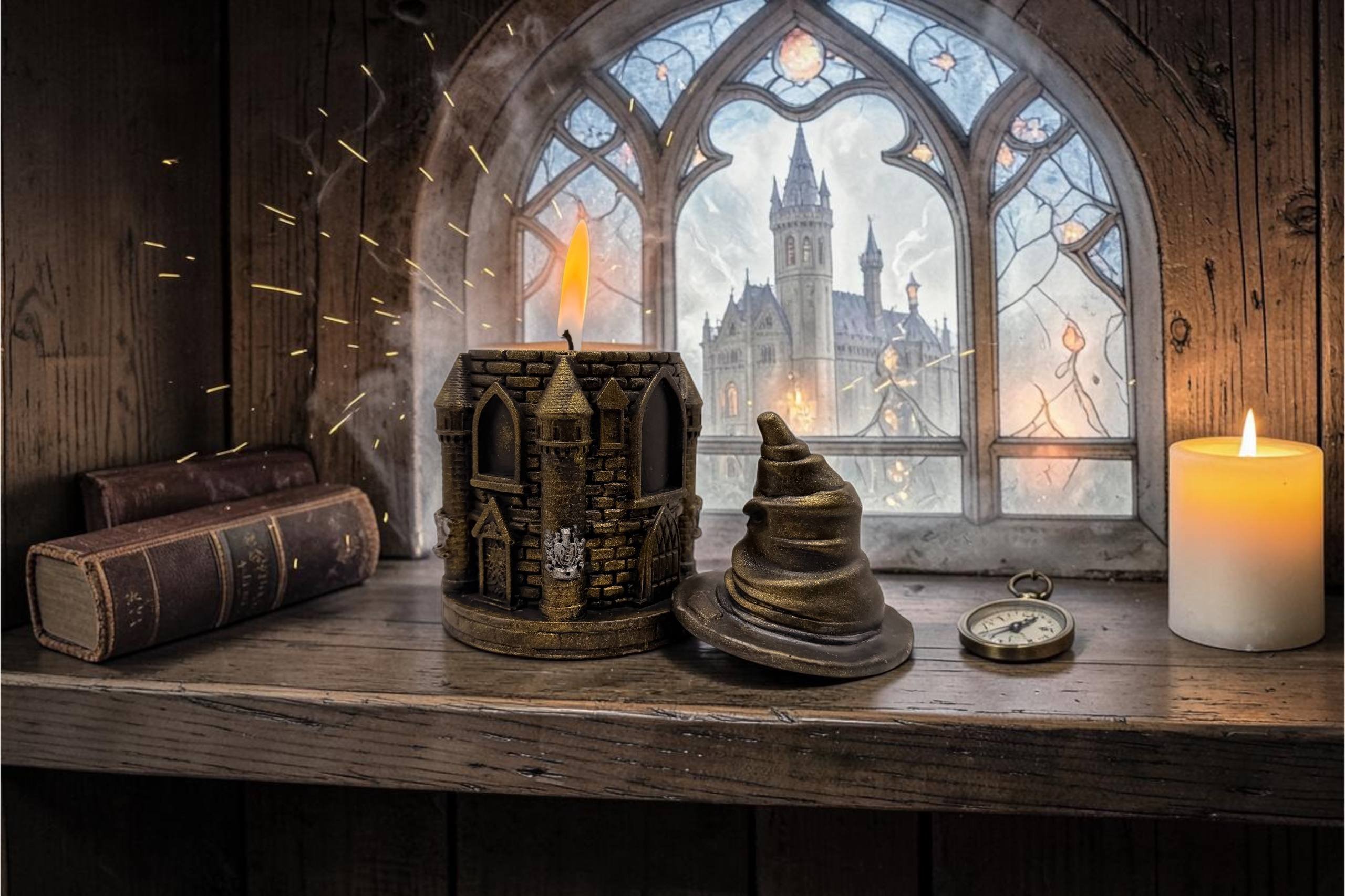 Wooden shelf with a candle, a small figurine of a castle, and a stack of old books. The candle is lit, casting a warm glow