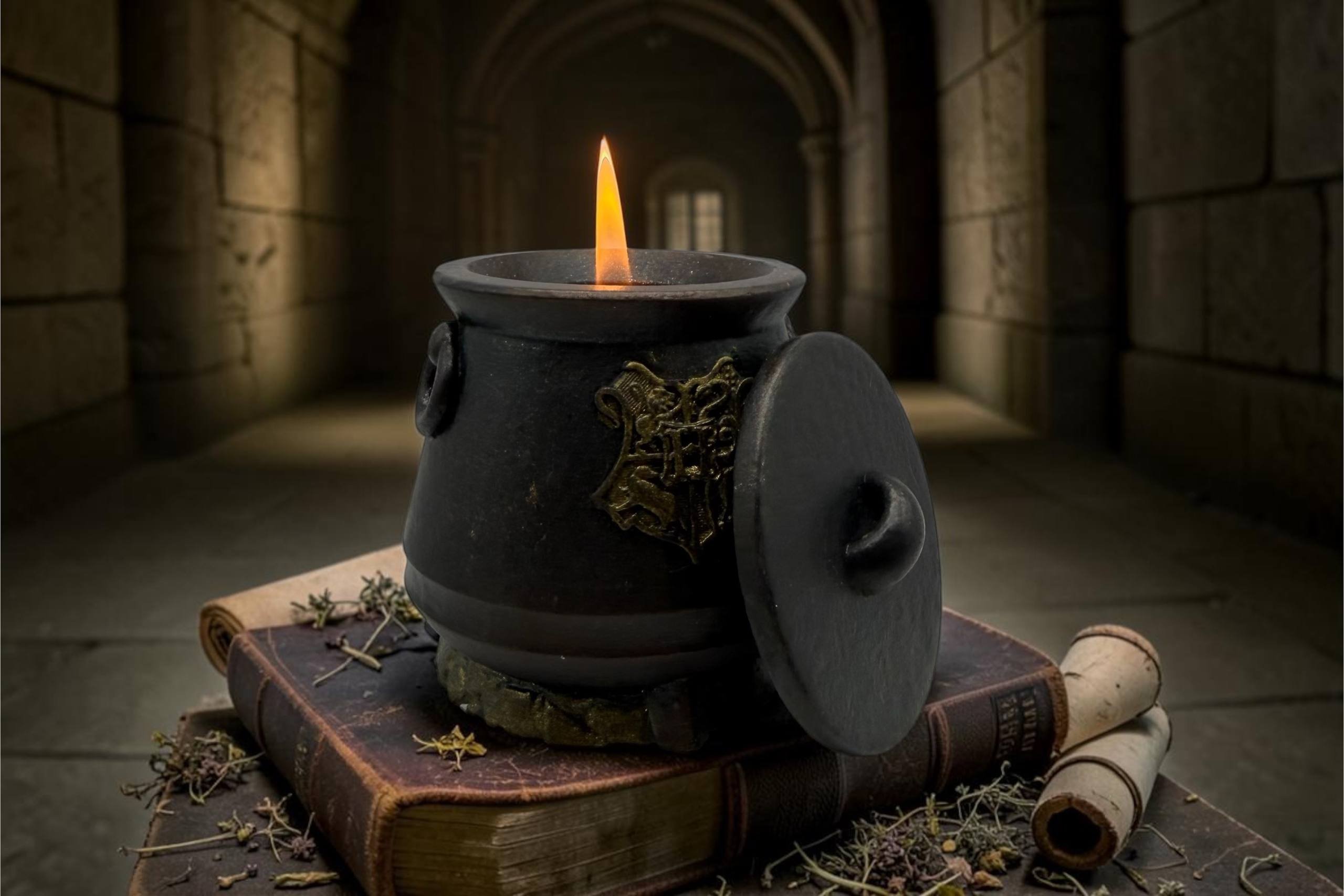 Black cauldron with a lid on top of an old book. The cauldron is placed on a stone platform with a stone archway in the