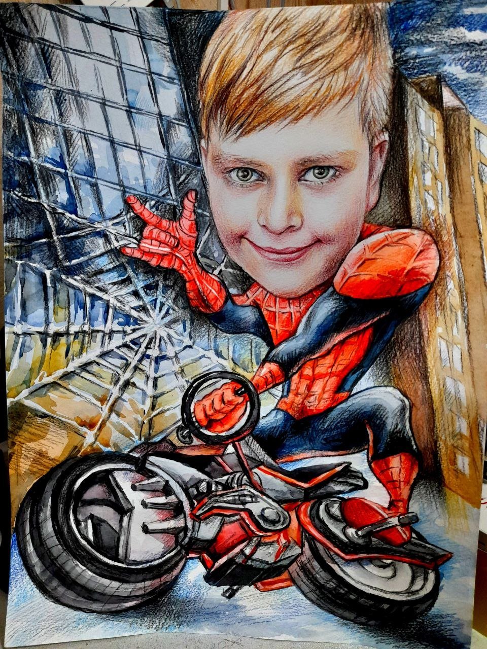 Ilustración estilo cómic de un niño (Spiderman) en una moto — Alicante, España