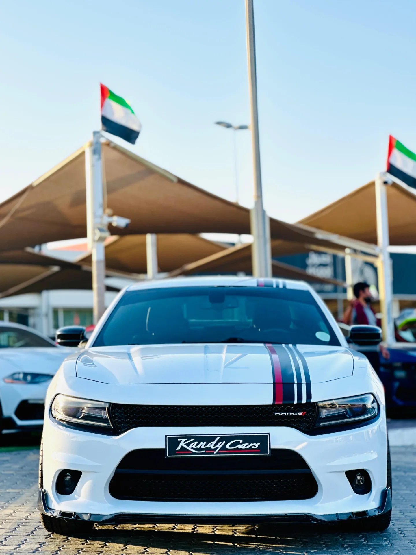 White Dodge Charger car parked in a parking lot. The car has a black grille with the word "Kandy Cars" written in red and