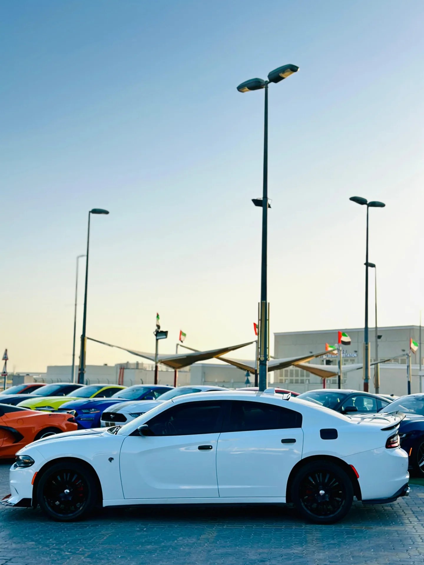 White sports car parked in a parking lot. The car is a Dodge Charger, with a sleek and modern design. It has black rims and