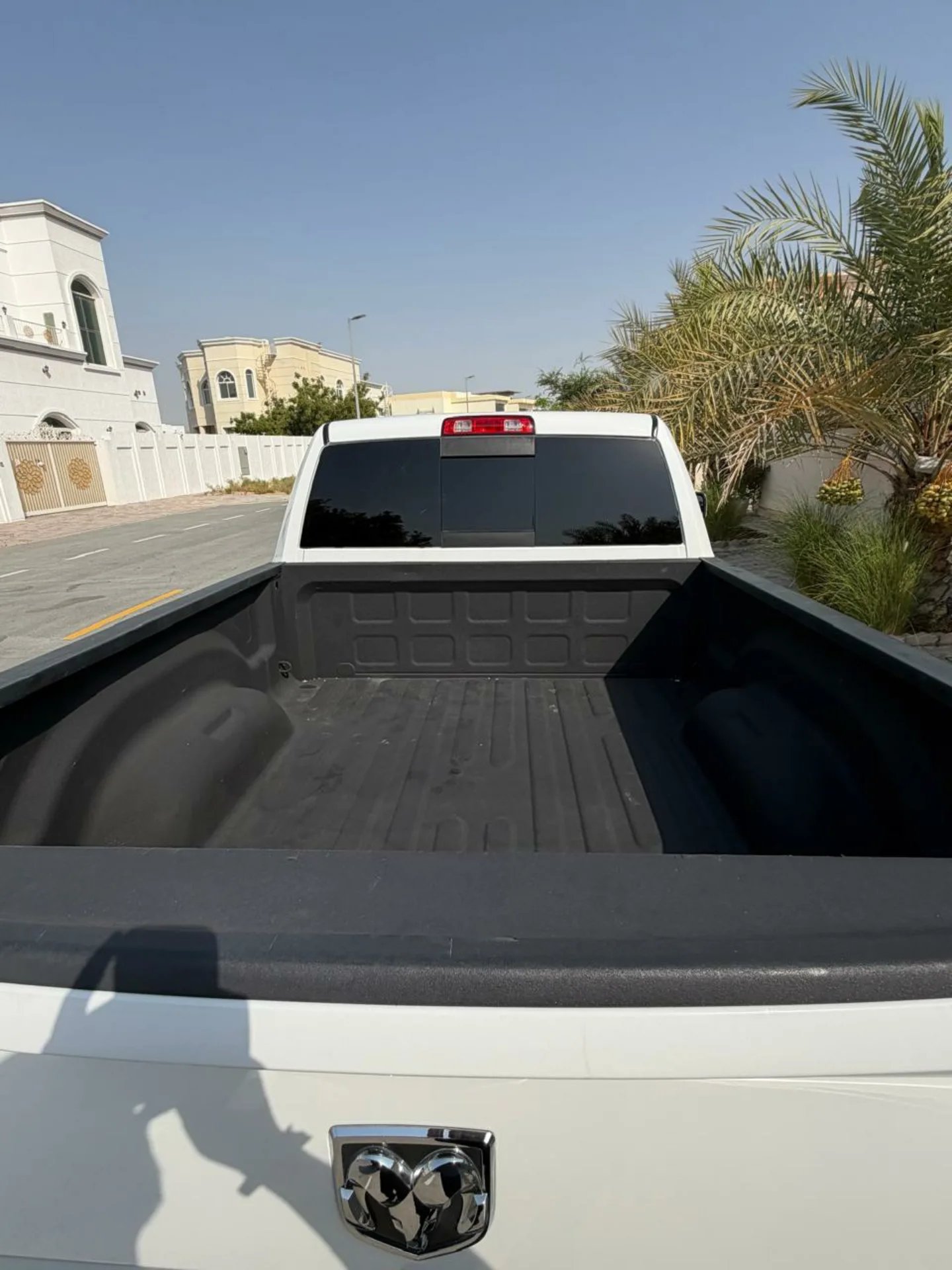 Back of a white pickup truck with a black bed liner. The truck is parked on a street with palm trees and buildings in the