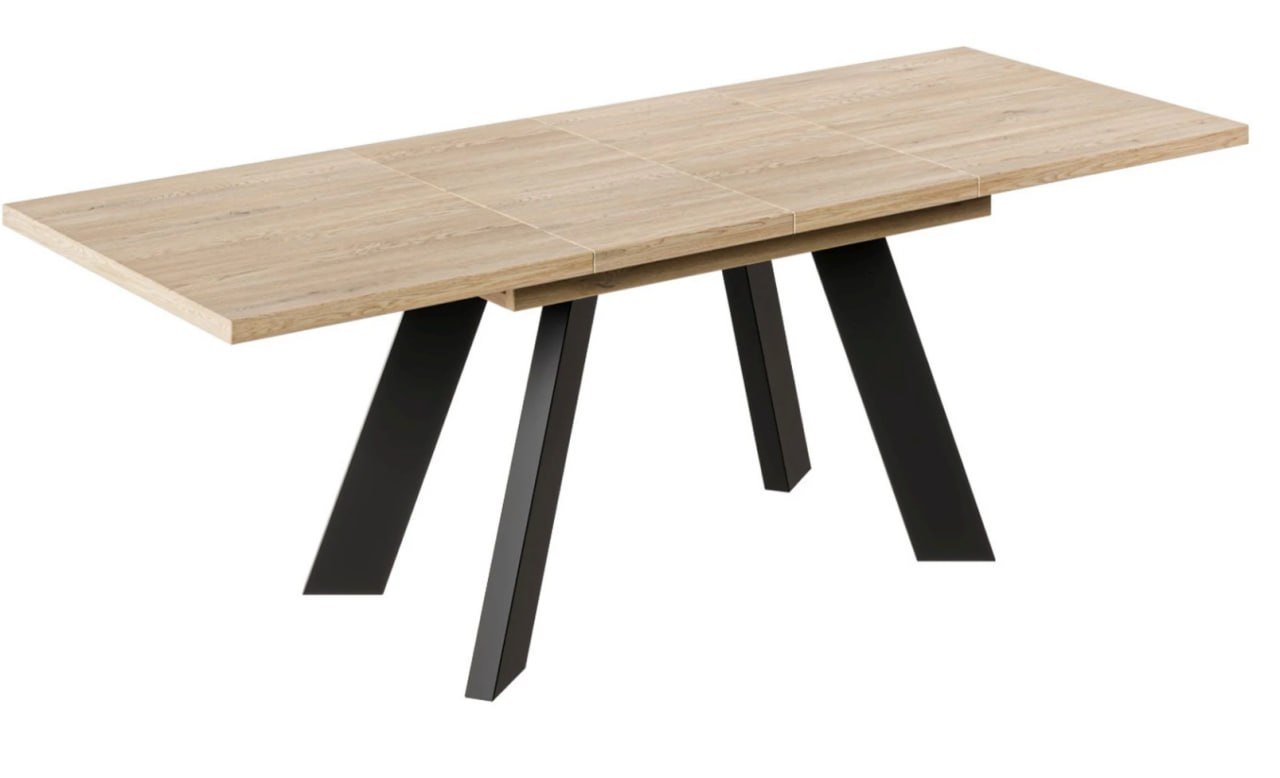 Rectangular wooden table with a modern design. The table has a light-colored wood top with a smooth surface and four black