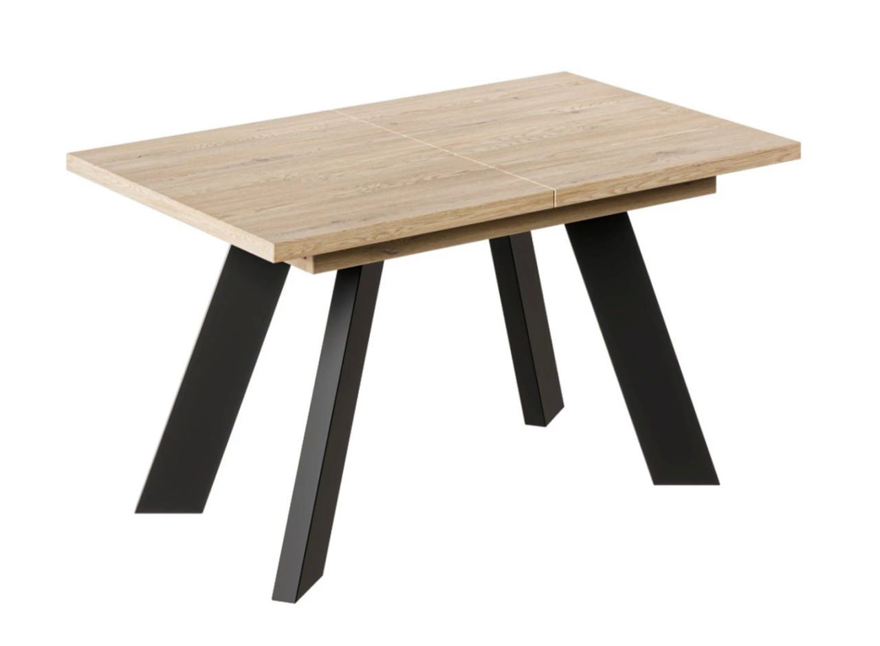 Modern dining table with a wooden top and black metal legs. The table is rectangular in shape and has a vase with dried