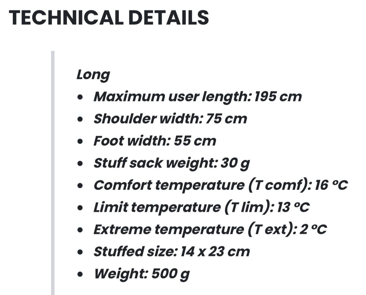 Technical details table that shows the long, maximum user length, and shoulder width of a product. The table is divided into