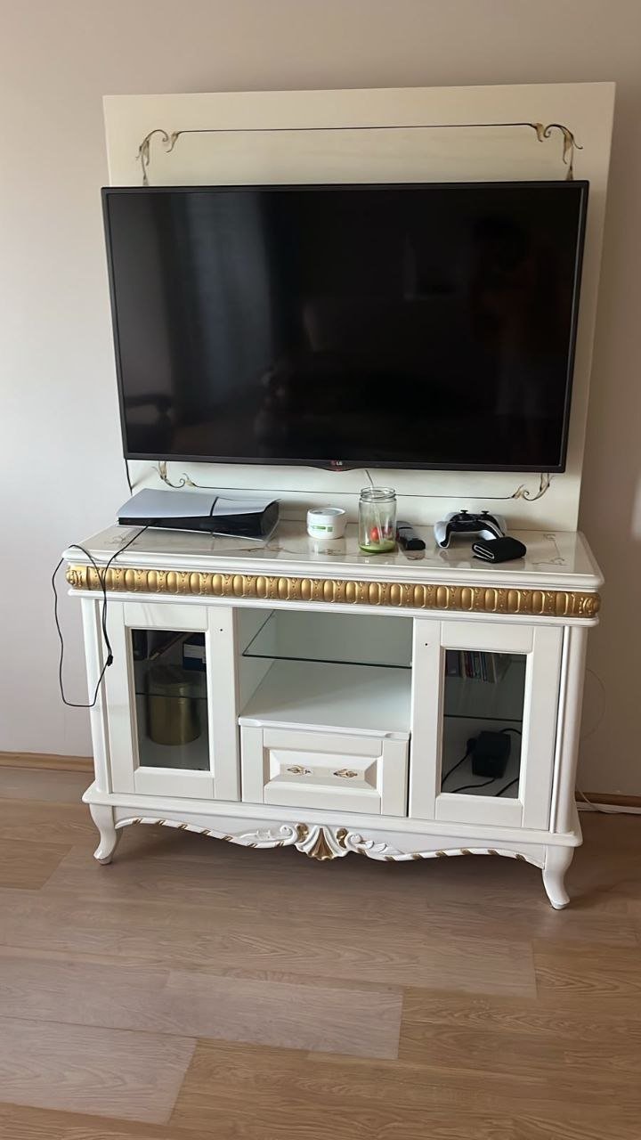 Furniture & decor: sideboard+mirror, TV stand, display cabinet, chandeliers, curtains — Istanbul, Turkey