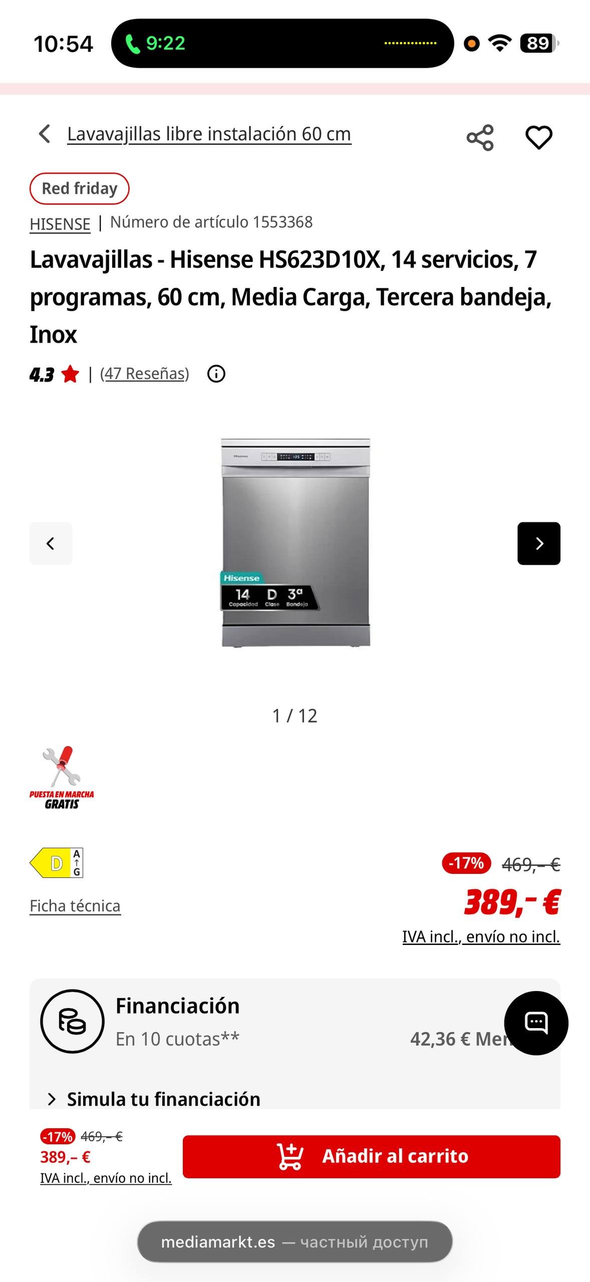 Hisense HS623D10X 60 cm dishwasher — excellent — Alicante, Spain