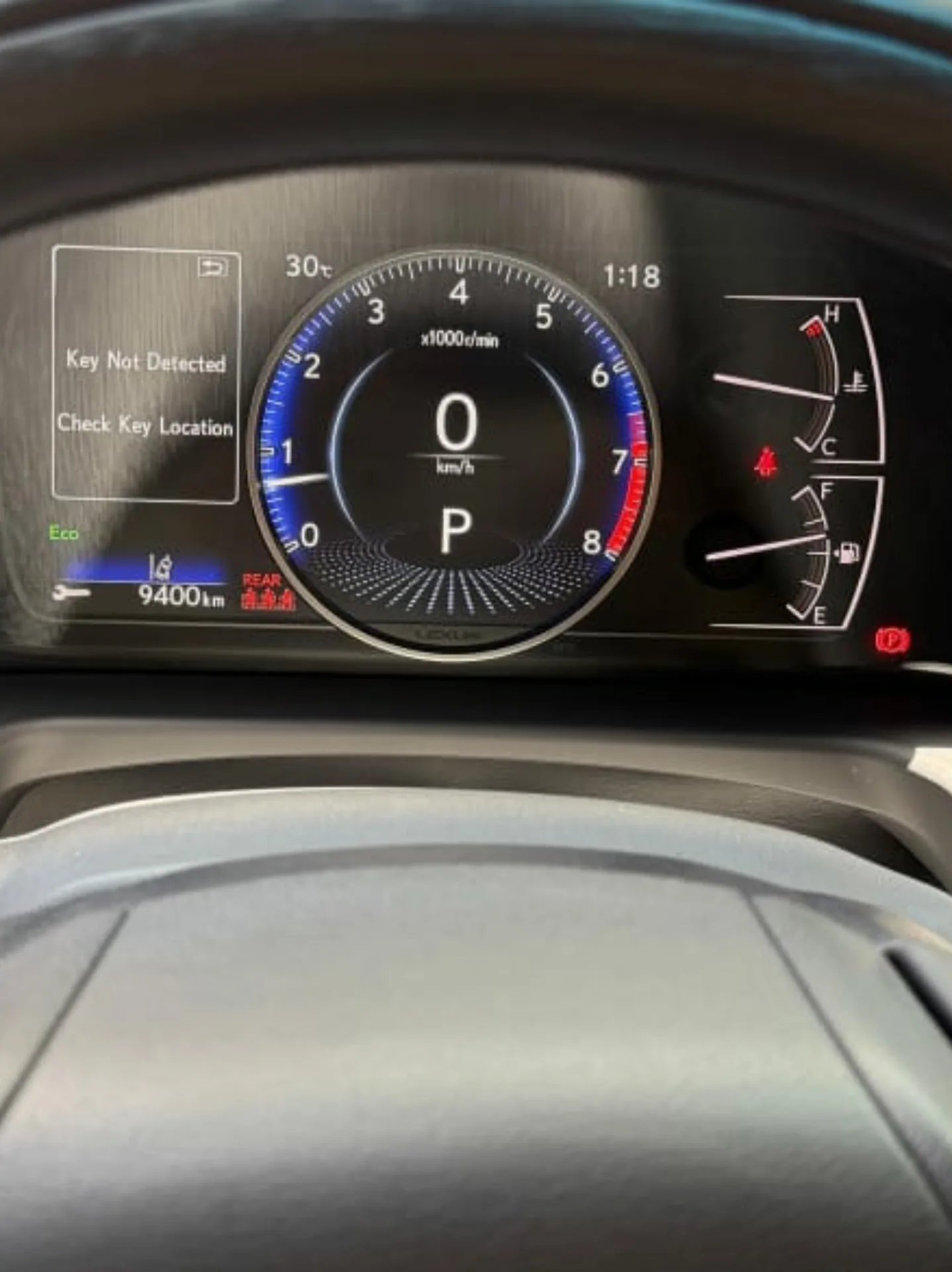Dashboard of a car, specifically the instrument cluster. The cluster is located in the center of the dashboard and is