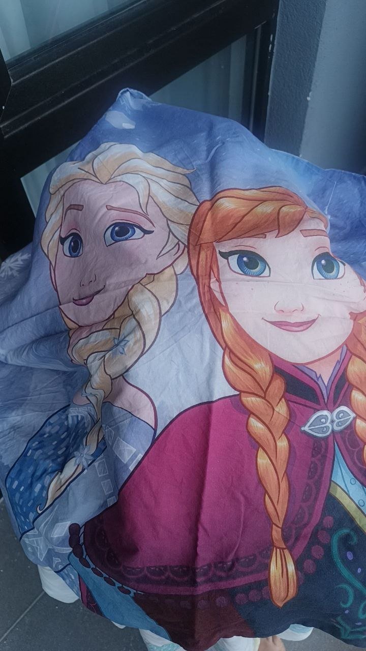Blue blanket with a cartoon illustration of two characters from the movie Frozen. The characters are Elsa and Anna, the main