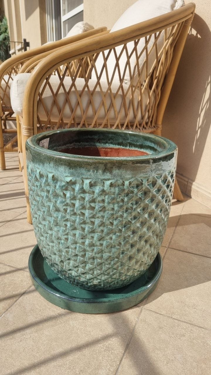 Large plant pot glazed ceramic with saucer — used — Dubai, UAE