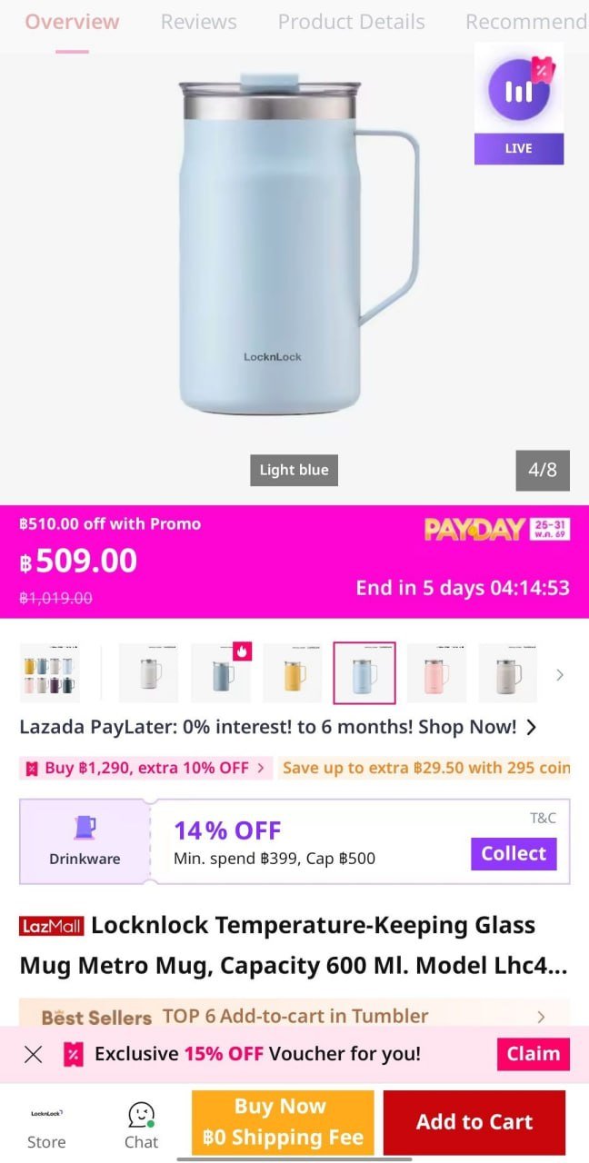 Advertisement for a product called "Locklock Locklock Temperature-Keeping Glass Mug Metro Mug Capacity 600 MI Model LHC4".