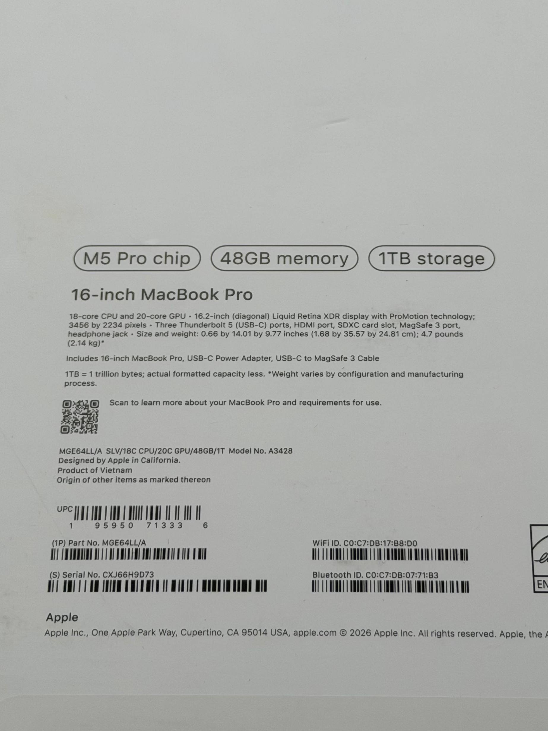 MacBook Pro 16 M5 48GB 1TB Plata (caja abierta) — nuevo — Belgrado, Serbia