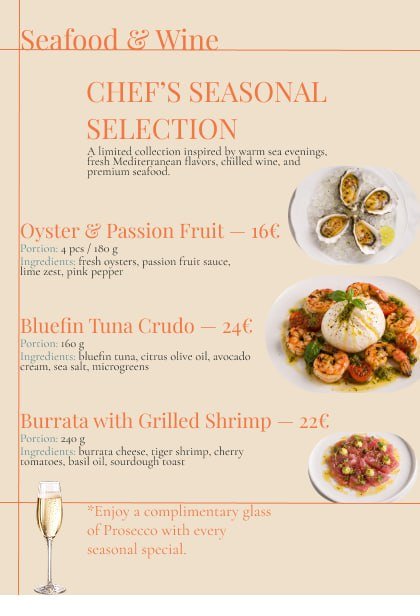 Advertisement for a seafood and wine chef's seasonal selection. It has a light orange background with black text that reads
