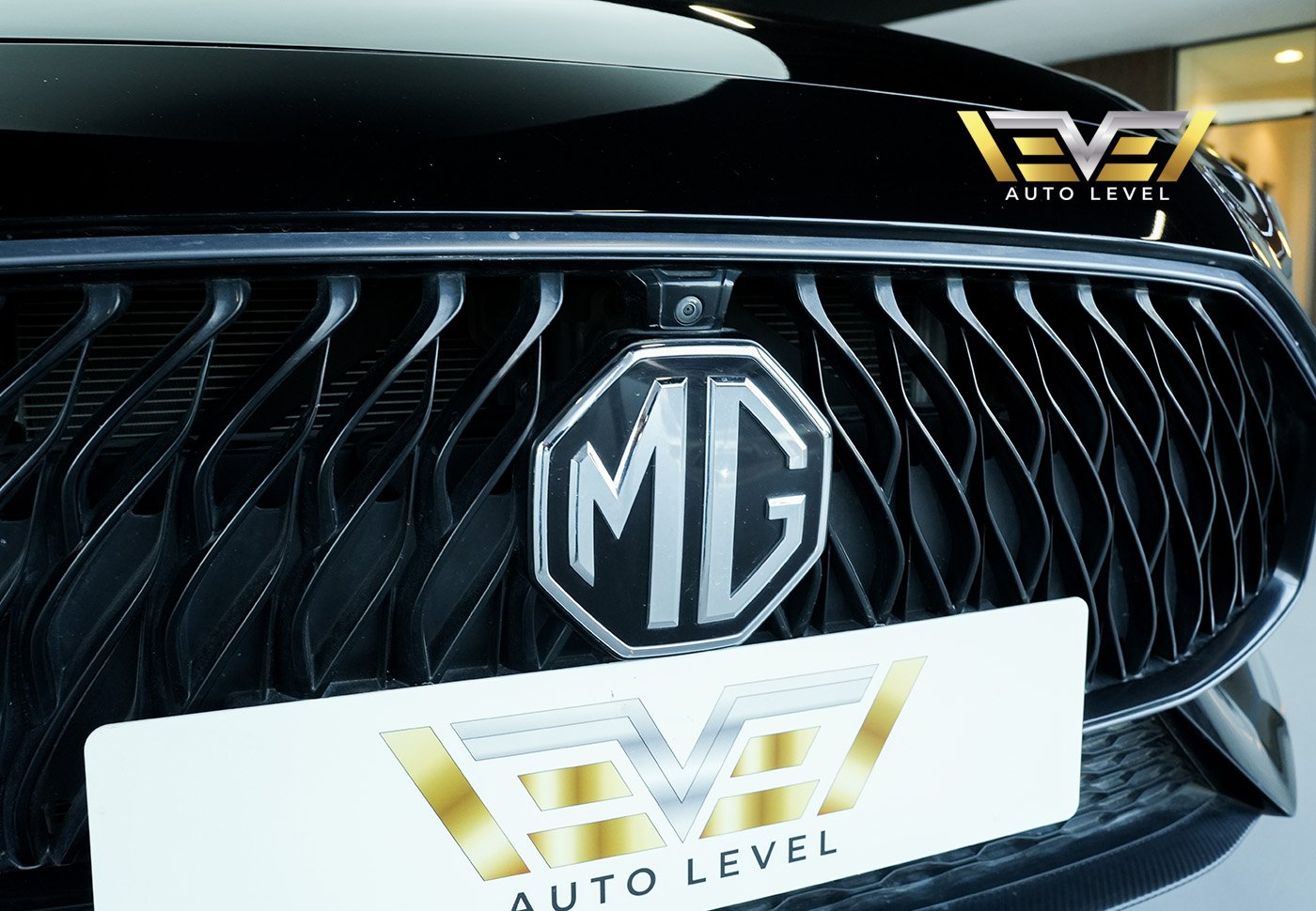 Close-up of the front grille of a black car. The grille has a diamond-shaped emblem in the center with the letters "MG"