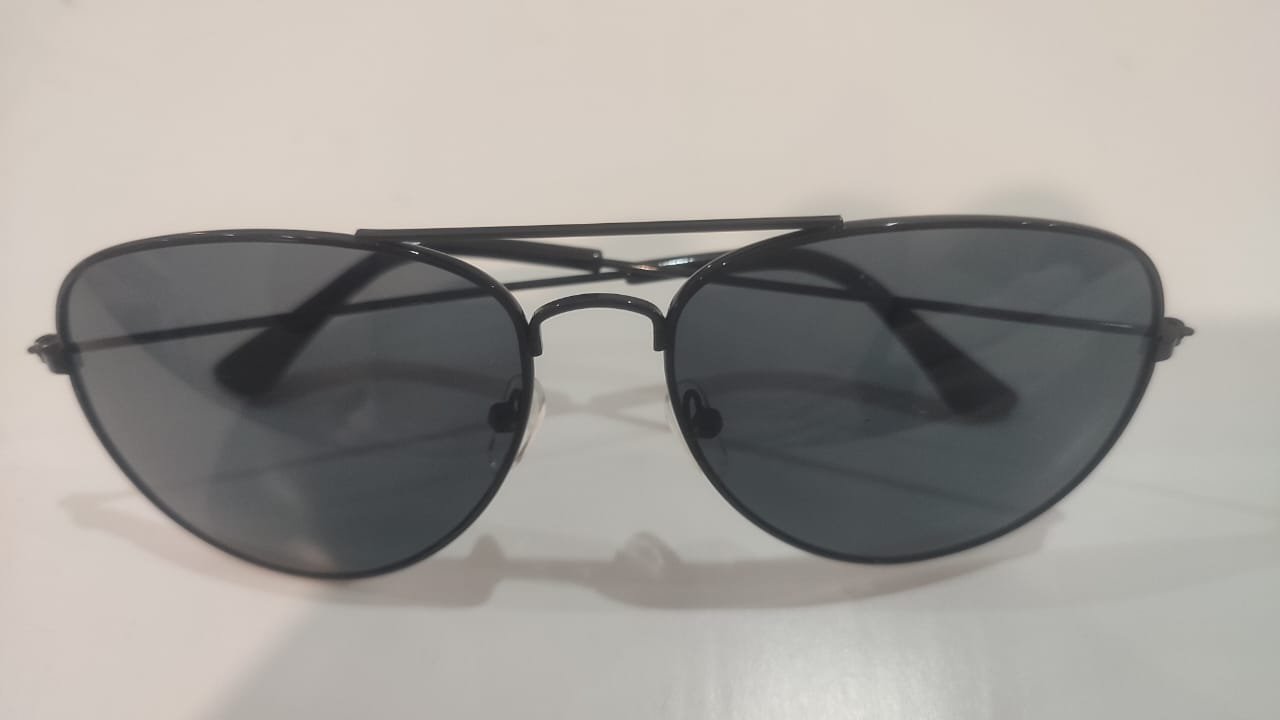 Pair of black sunglasses with a sleek and modern design. The frame is made of metal and has a thin, rectangular shape. The