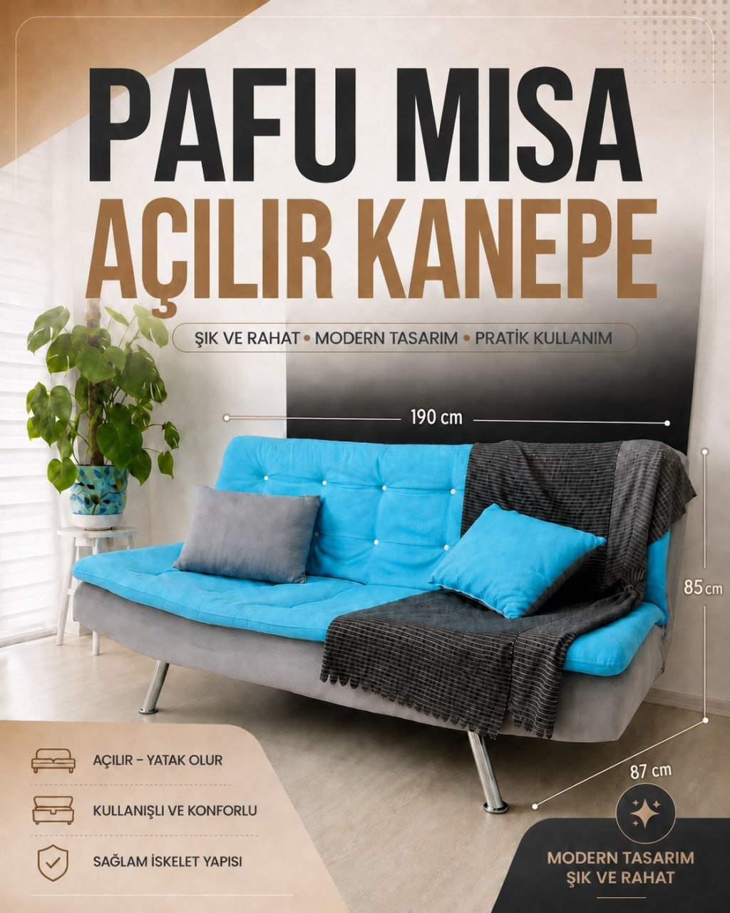 Sofá PAFU MISA AÇILIR KANEPE (190 cm) azul — used — Antalya, Turquía