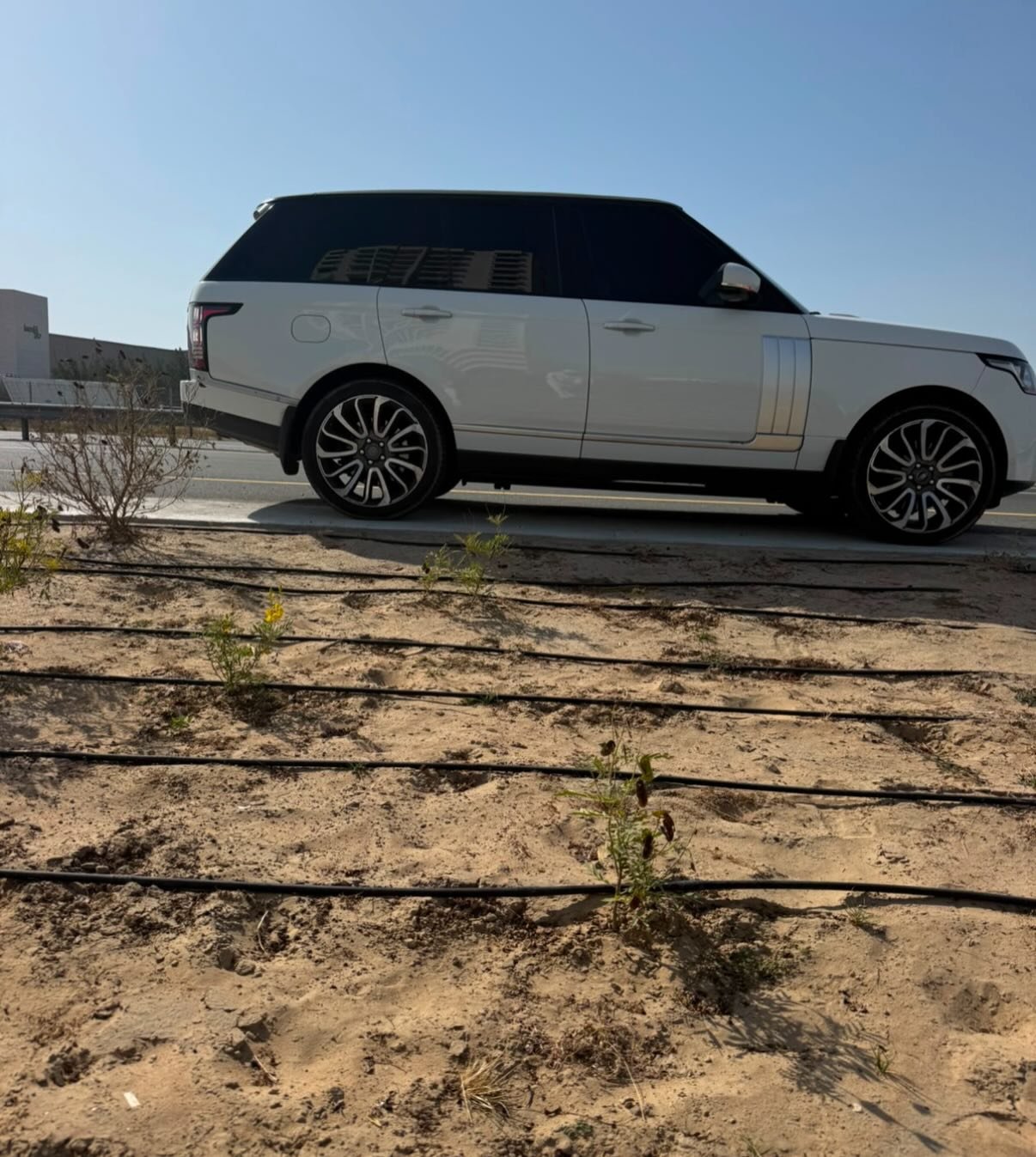 White Range Rover parked on the side of a road. The car is a four-door SUV with a sleek and modern design. It has a black