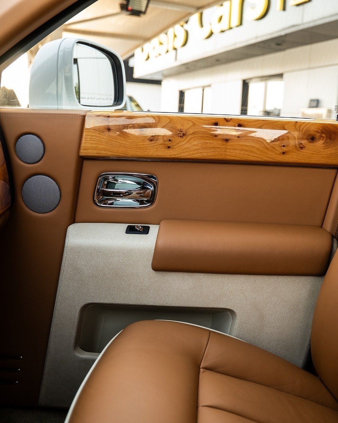 Interior of a car, specifically the door panel. The panel is made of wood and has a silver handle in the center. The door