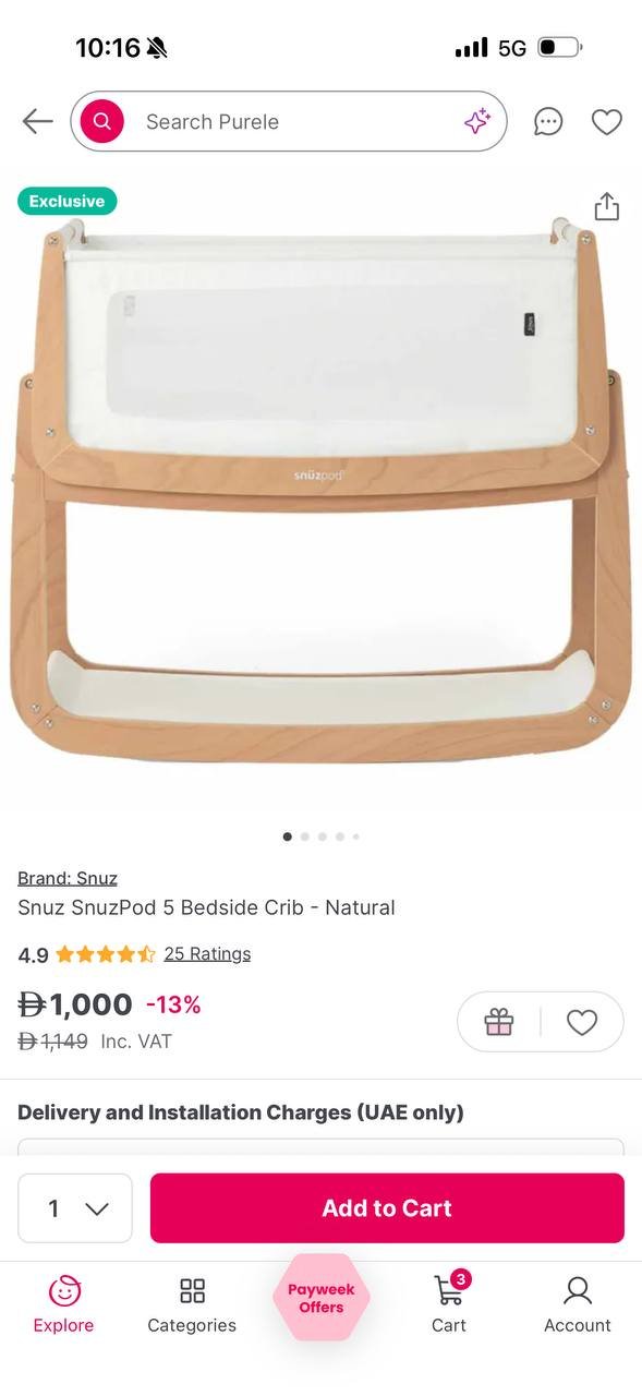 Advertisement for a brand-new Snuz Snuz Pod 5 Bedside Crib. The crib is made of wood and has a white mattress on top. The