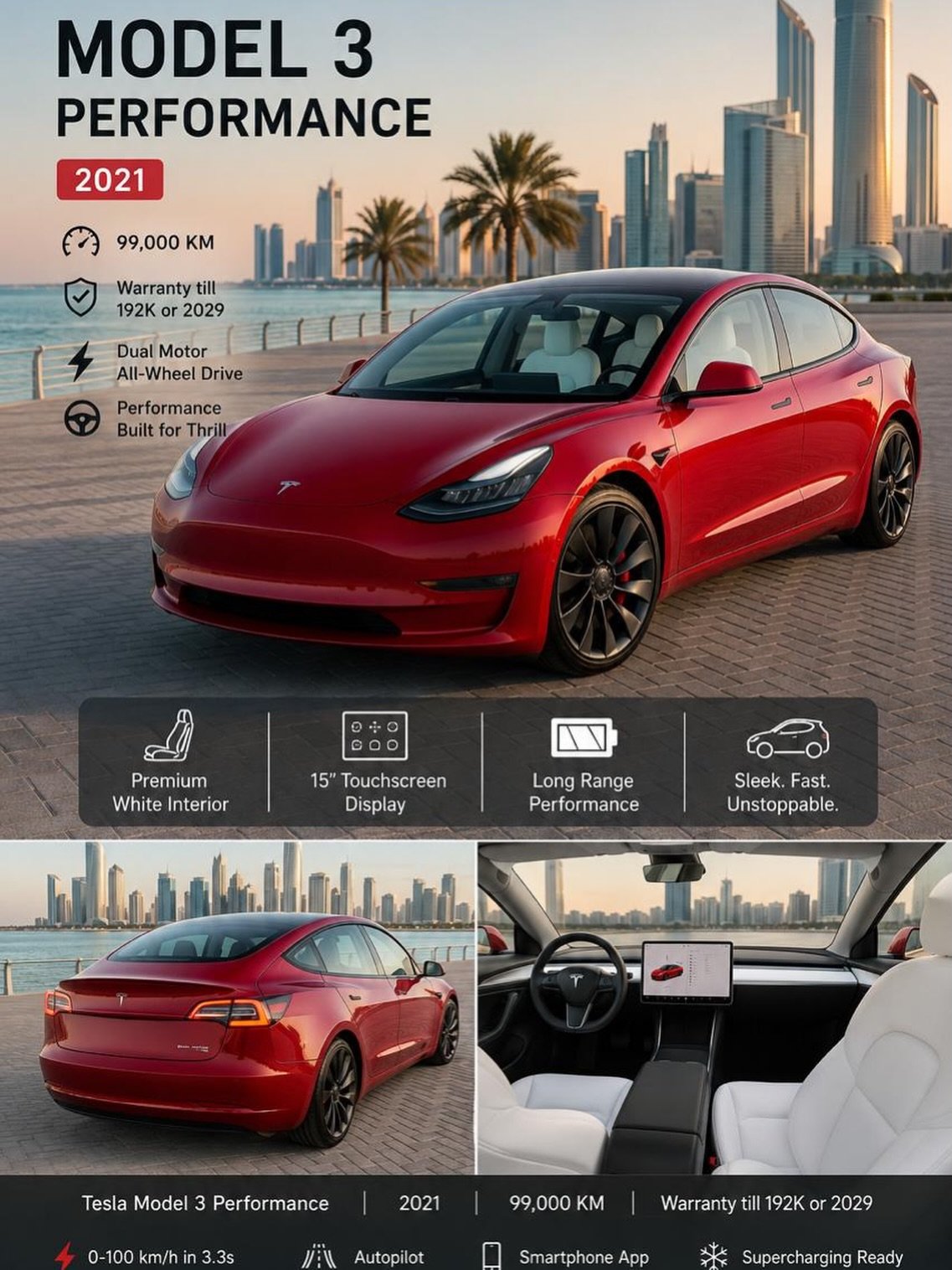 Tesla Model 3 Performance 2021, 99,000 km, white interior — used — Dubai, UAE
