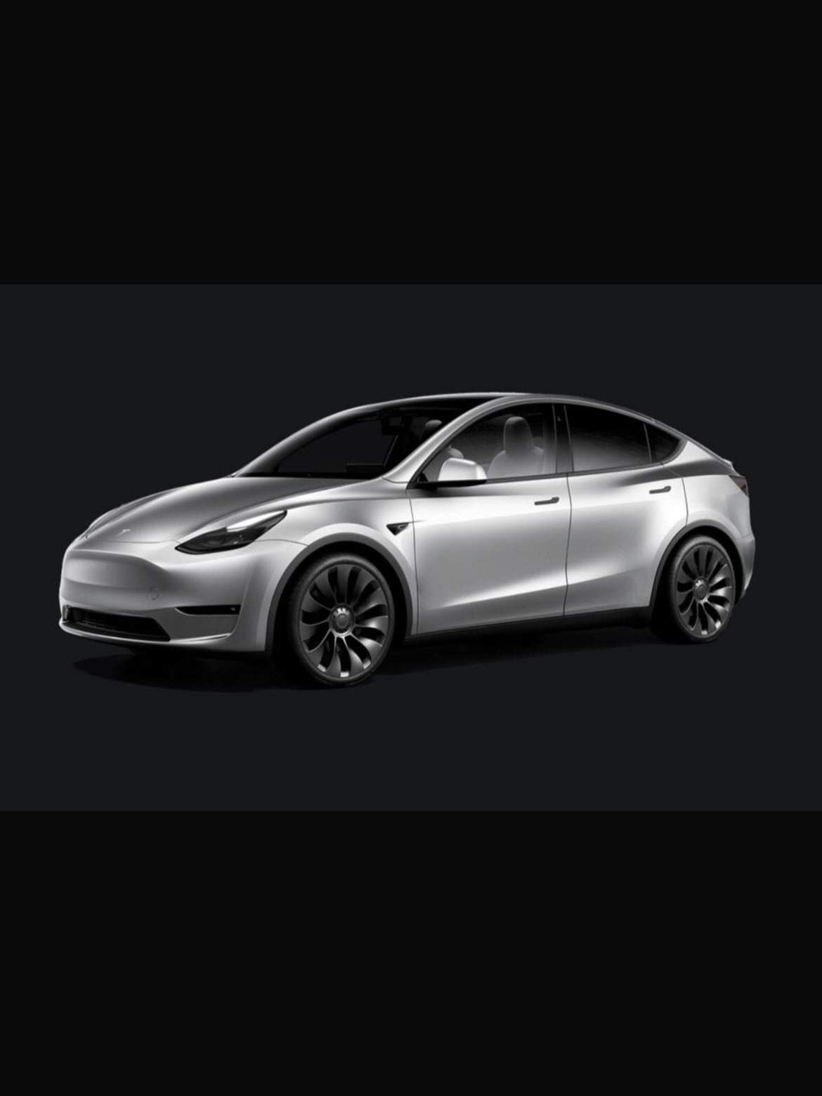 Digital illustration of a silver Tesla Model Y car. The car is shown from the front three-quarter angle, with the front