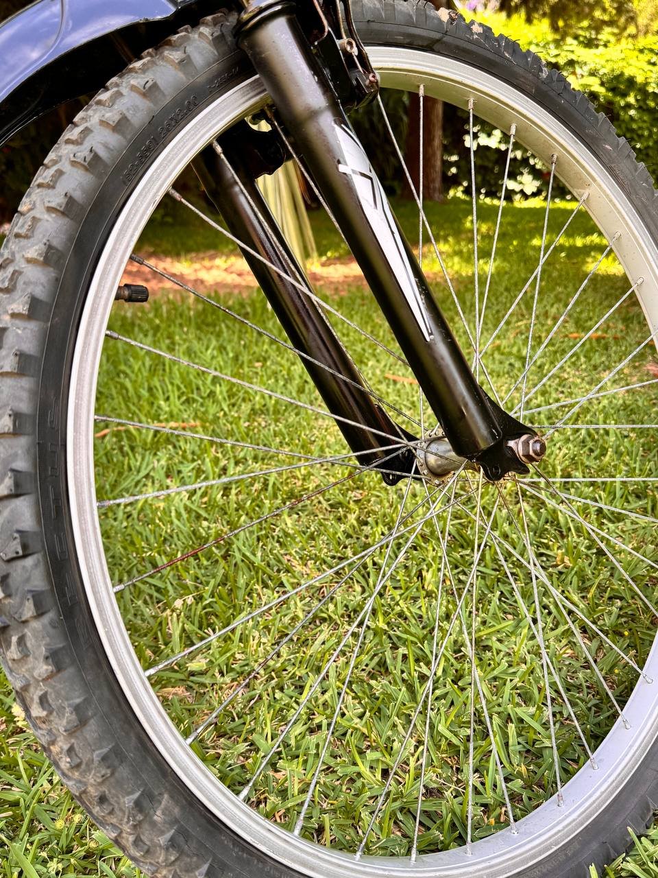 Front wheel of a bicycle. The wheel is black with silver spokes and has a silver rim. The tire is black and appears to be